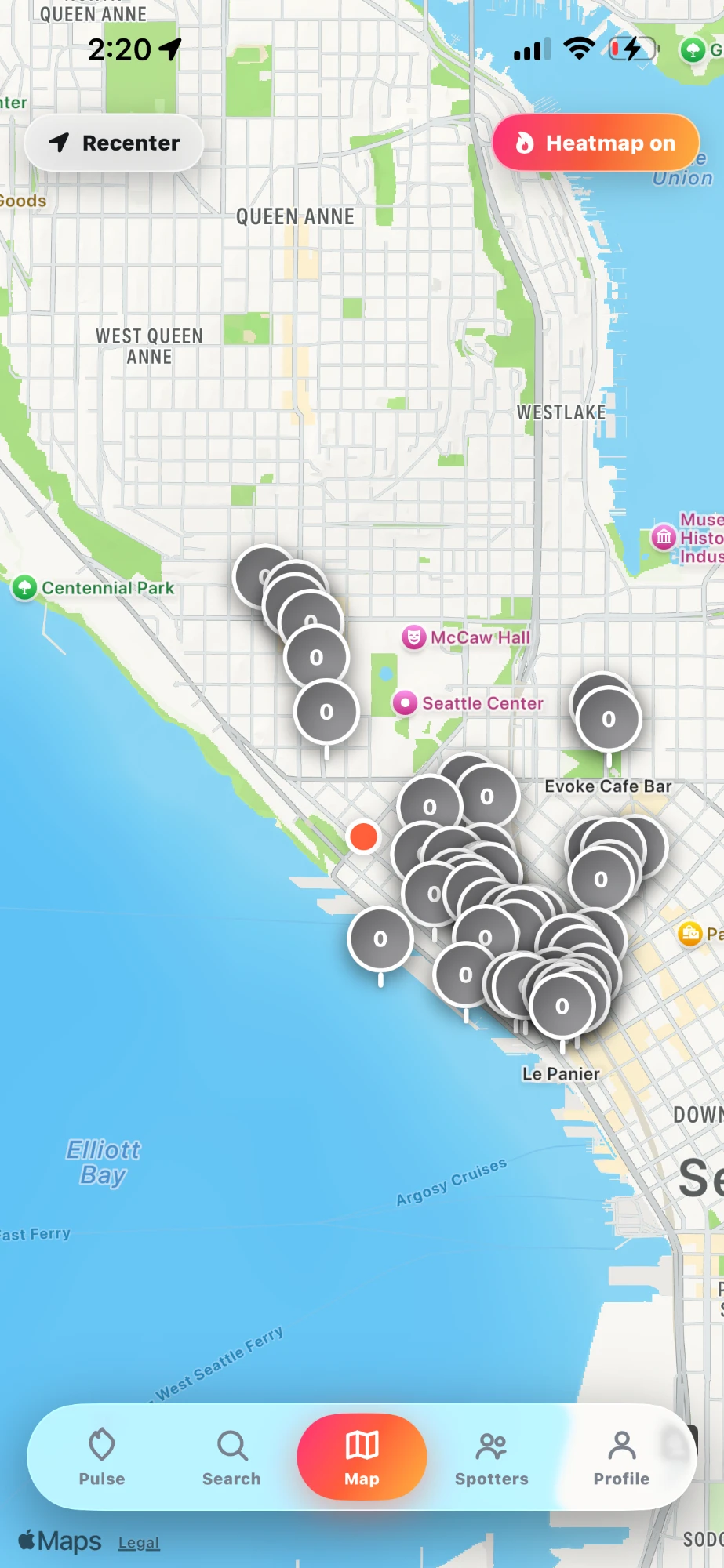 HotSpot app, Seattle map with live venue pins and heatmap