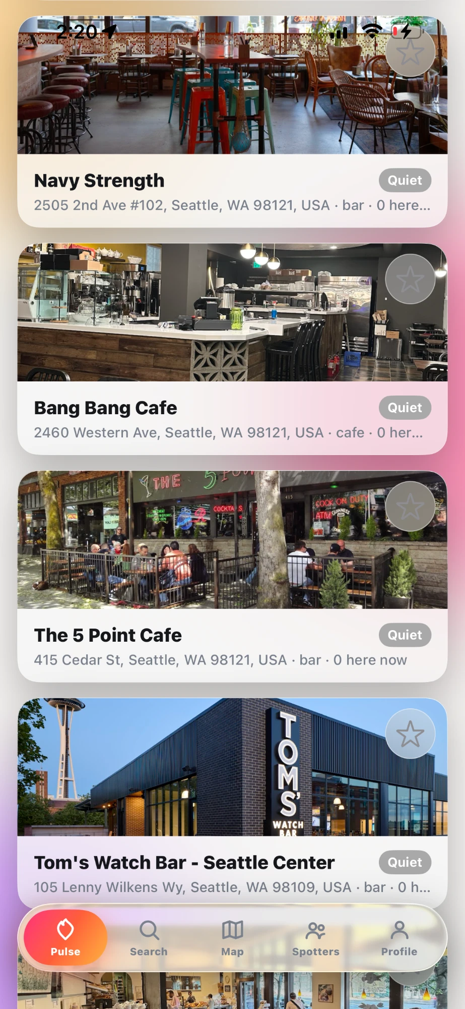 HotSpot app, live venue feed showing what's busy nearby